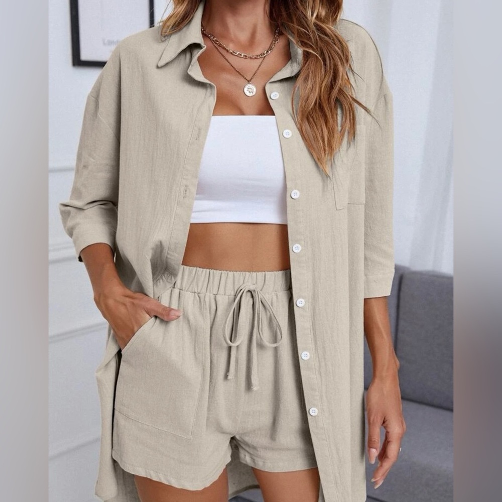 Drop Shoulder High Low Hem Blouse & Knot Waist Slant Pocket Shorts